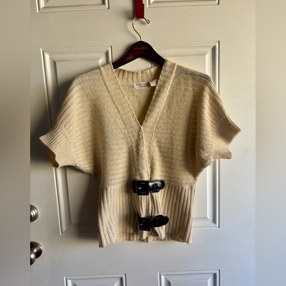 Allison Brittney Brown Crocheted Cardigan Large Women's Short Sleeve Buckle. SzM